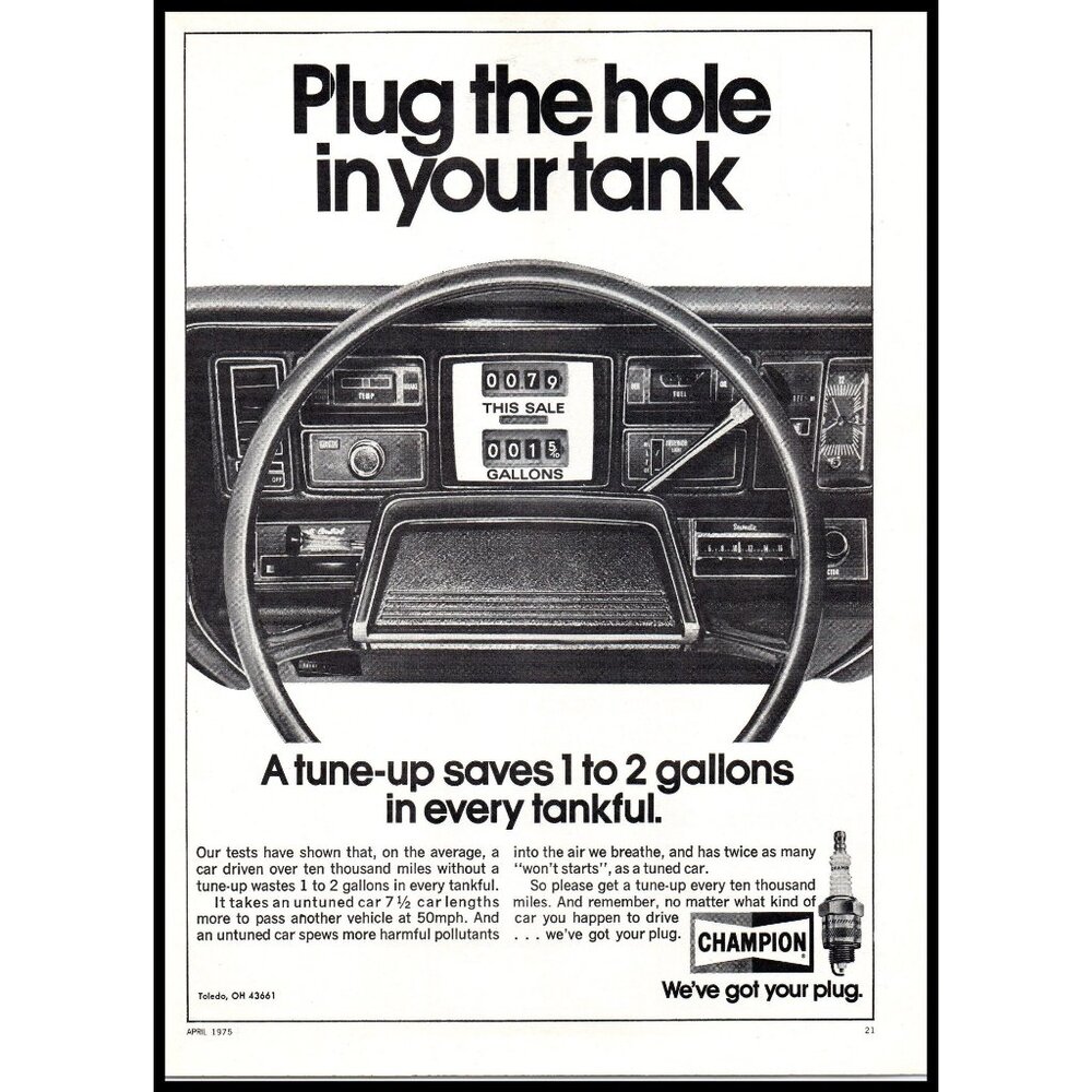 1975 Champion Spark Plugs Vintage Print Ad Gas Pump Dash Panel Wall Art Photo